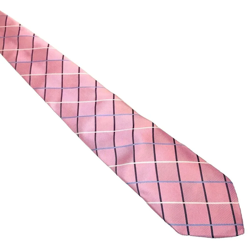 Paul Fredrick Tie Pink Plaid Repp Weave Hand Made Imported Silk Summery Preppy